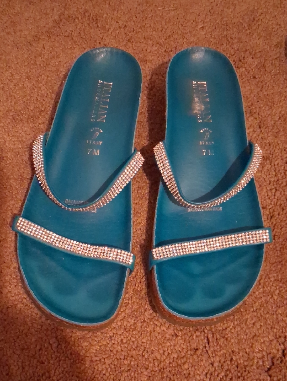 Milani Teal Slide Sandals with Rhinestone Straps